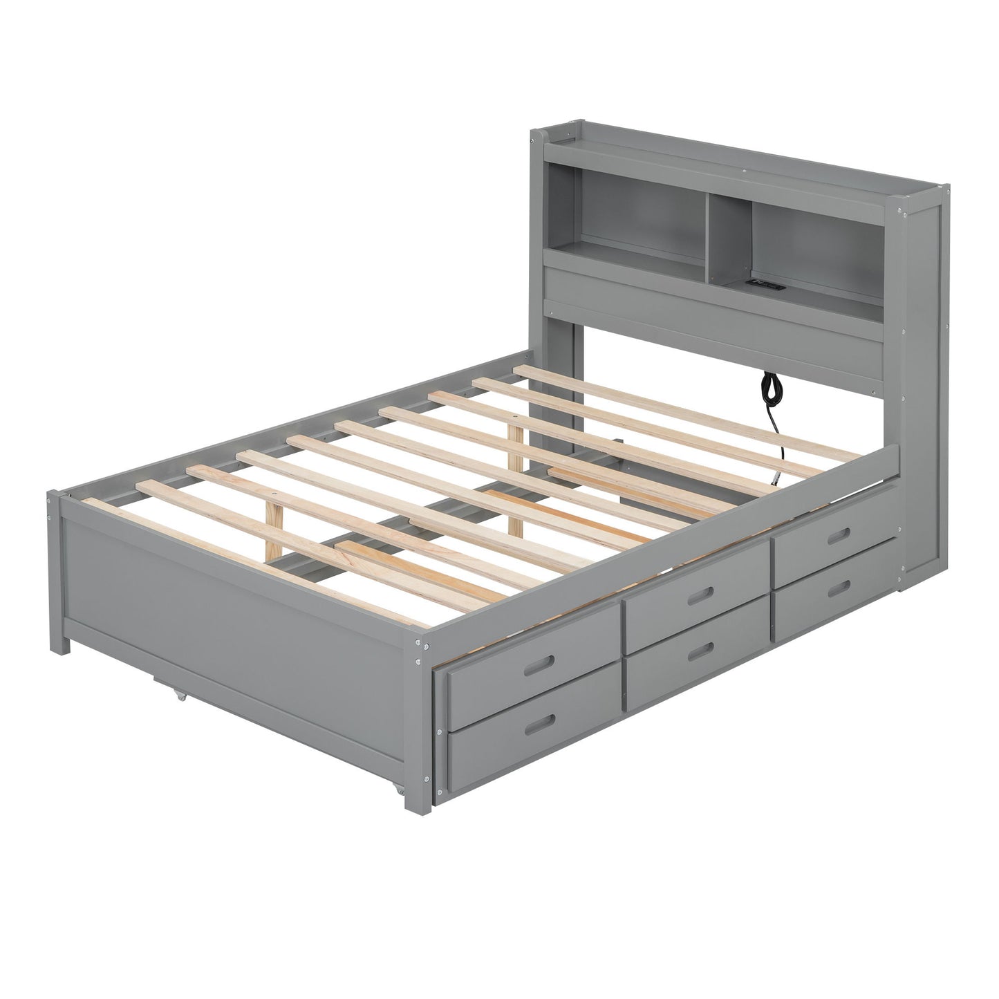Full Size Platform Bed With Trundle, Drawers, USB Ports And Built In Shelves - Gray - The Sleep Loft - Online Mattress Showroom NYC