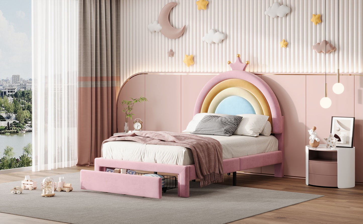 Upholstered Rainbow Design Bed, Princess Platform Bed With Storage Drawer - The Sleep Loft - Online Mattress Showroom NYC