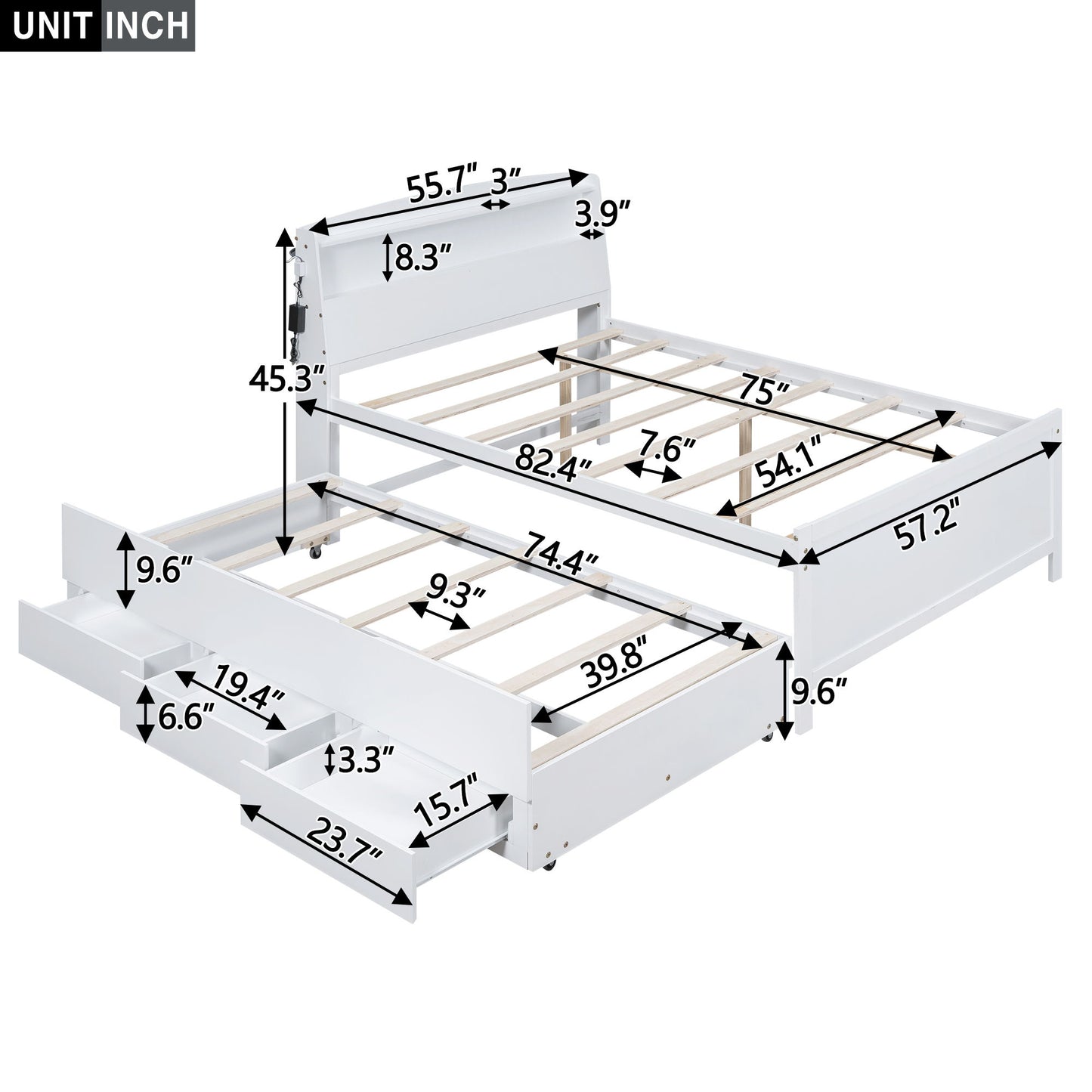 Full Size Platform Bed With Storage LED Headboard, Twin Trundle And 3 Drawers - White - The Sleep Loft - Online Mattress Showroom NYC