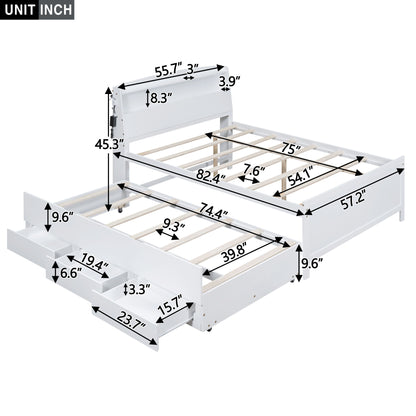 Full Size Platform Bed With Storage LED Headboard, Twin Trundle And 3 Drawers - White - The Sleep Loft - Online Mattress Showroom NYC