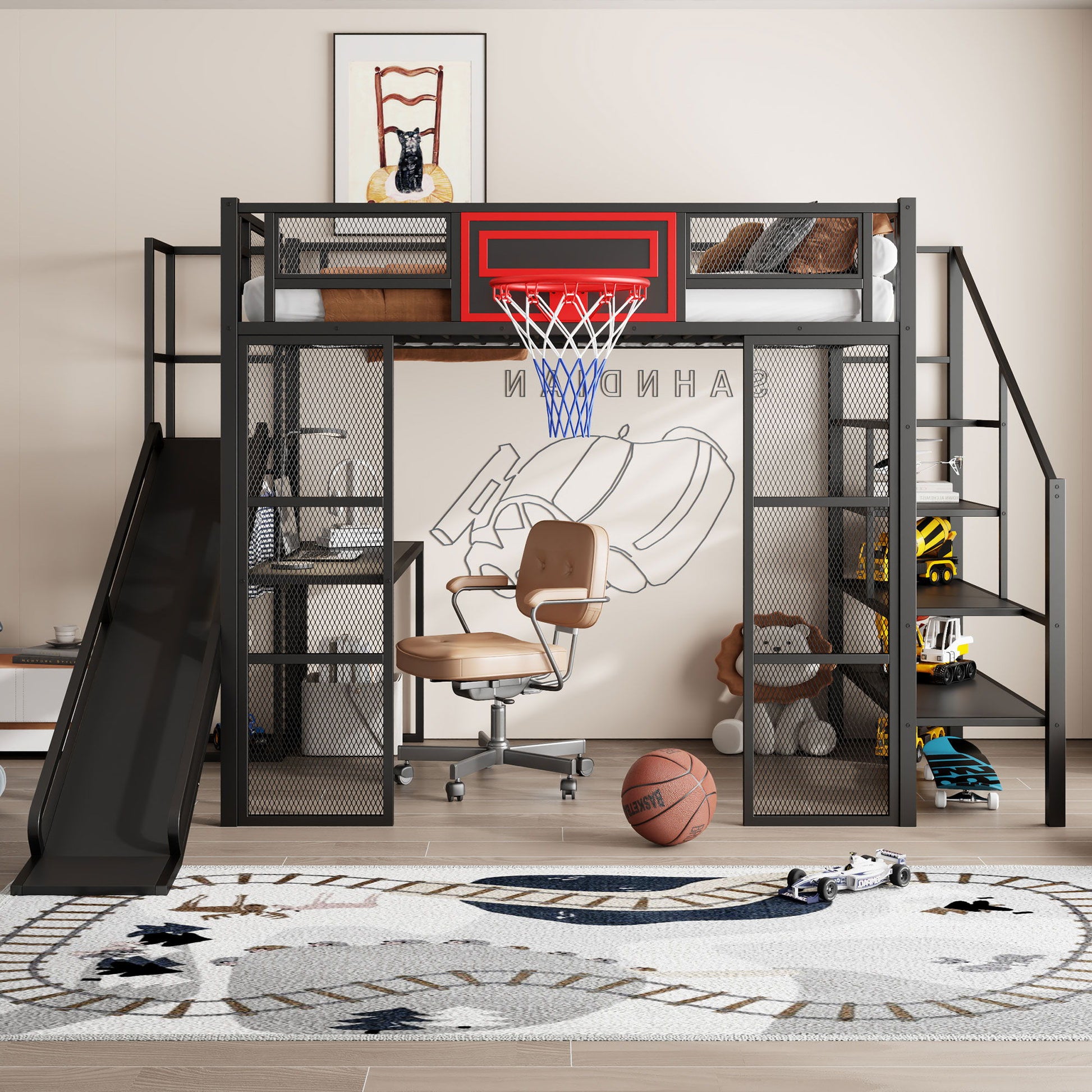 Loft Bed With Built In Desk, Open Wardrobe, Basketball Hoop, Slide And Staircase - The Sleep Loft - Online Mattress Showroom NYC