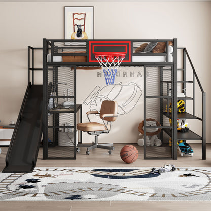 Loft Bed With Built In Desk, Open Wardrobe, Basketball Hoop, Slide And Staircase - The Sleep Loft - Online Mattress Showroom NYC