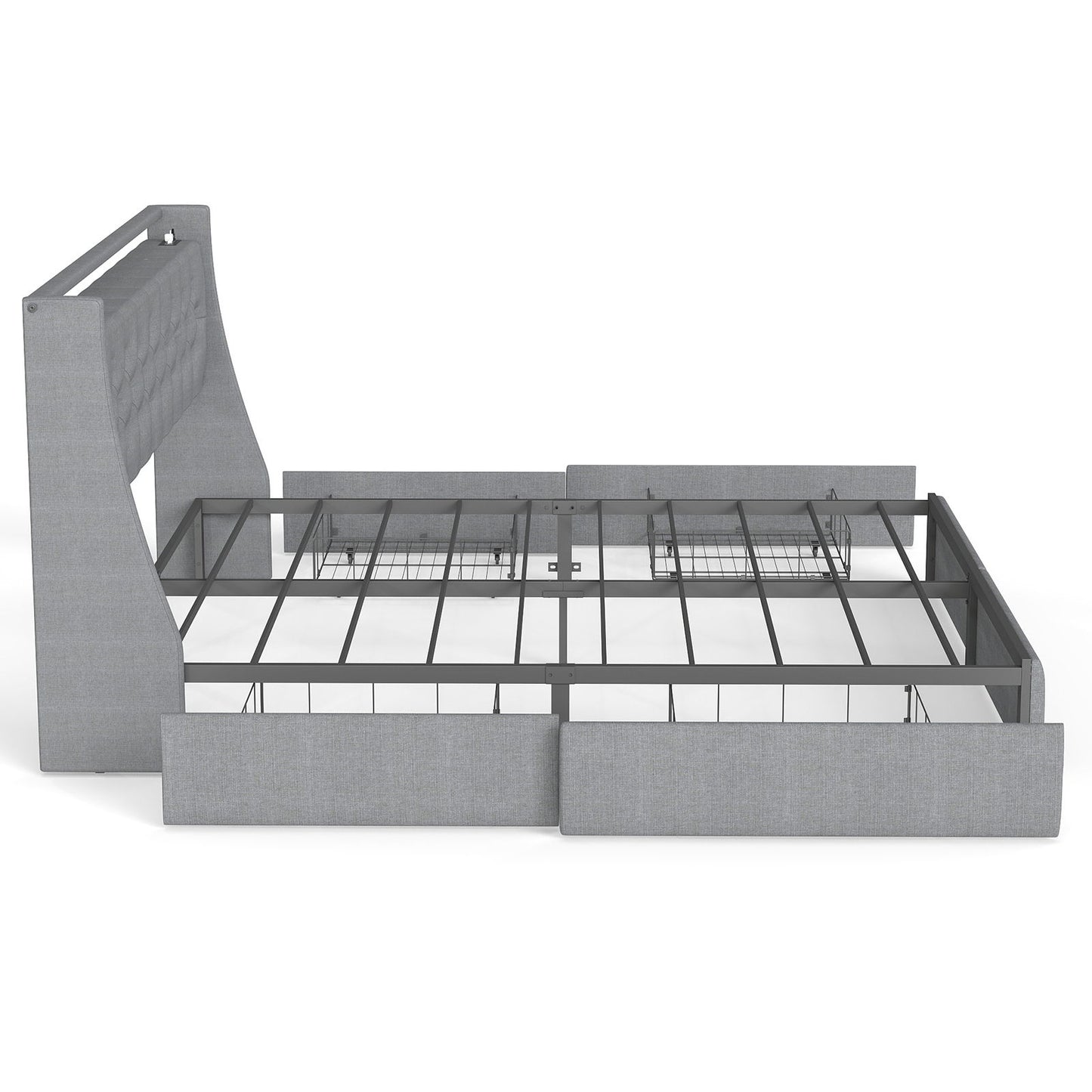 Queen Platform Bed Frame With RGB LED & Charging Station, Storage Headboard - Gray