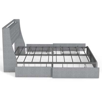 Queen Platform Bed Frame With RGB LED & Charging Station, Storage Headboard - Gray