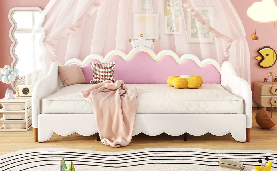 Extending Daybed With LED Lights, Modern Upholstered Princess Daybed With Crown Headboard - The Sleep Loft - Online Mattress Showroom NYC