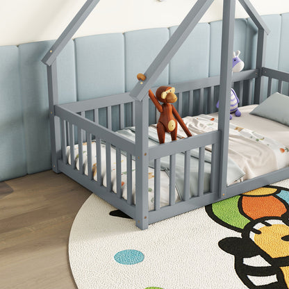 Wood House-Shaped Floor Bed With Fence, Guardrails - The Sleep Loft - Online Mattress Showroom NYC