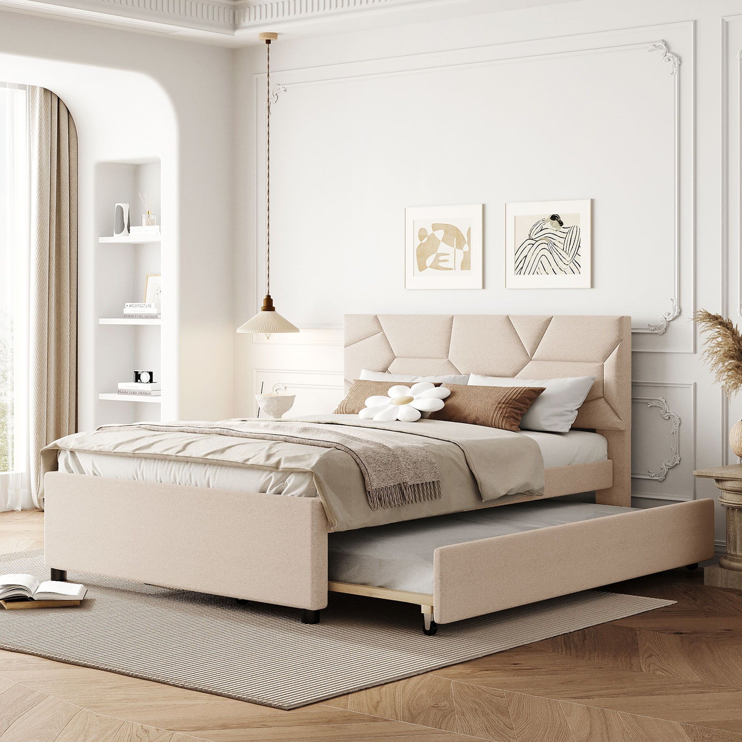 Upholstered Platform Bed With Brick Pattern Headboard And Twin Long Size Trundle - The Sleep Loft - Online Mattress Showroom NYC
