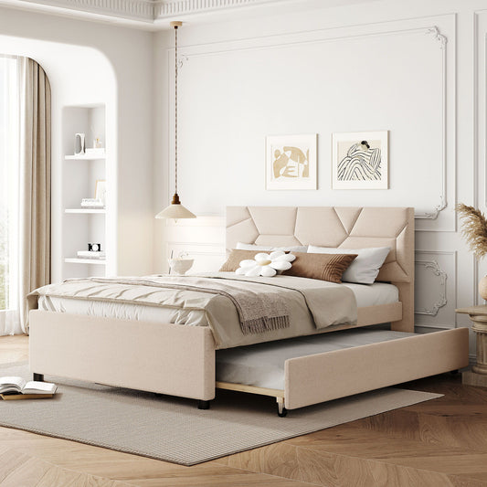 Upholstered Platform Bed With Brick Pattern Headboard And Twin Long Size Trundle - The Sleep Loft - Online Mattress Showroom NYC