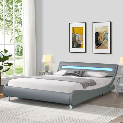 Queen Size Upholstered Platform Bed Frame With LED Lighting, Curve Design, Wood Slat Support, No Box Spring Needed - Gray - The Sleep Loft - Online Mattress Showroom NYC