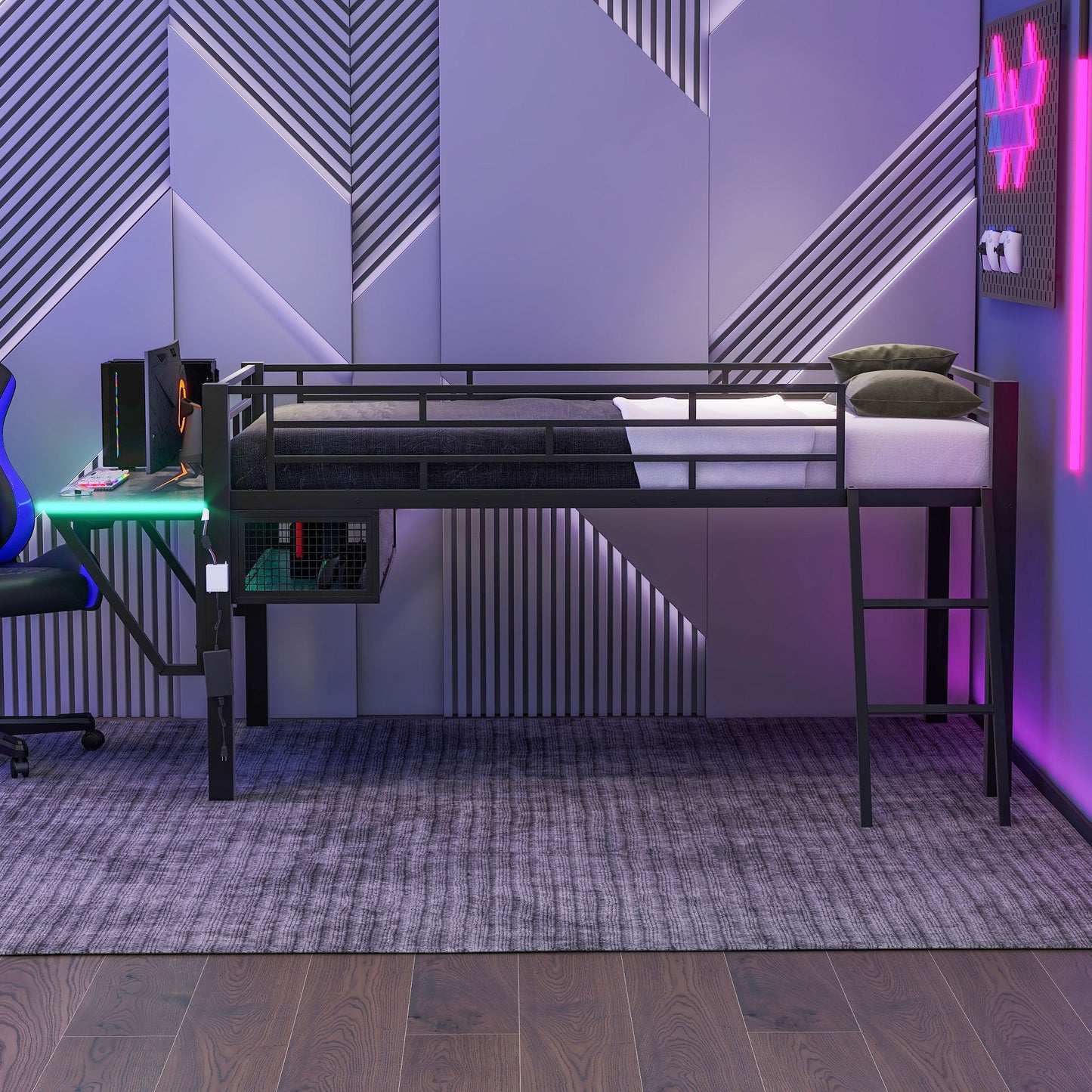 Modern Gaming Mid Loft Bed With Desk And LED Lights - The Sleep Loft - Online Mattress Showroom NYC