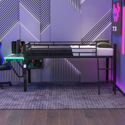 Modern Gaming Mid Loft Bed With Desk And LED Lights - The Sleep Loft - Online Mattress Showroom NYC