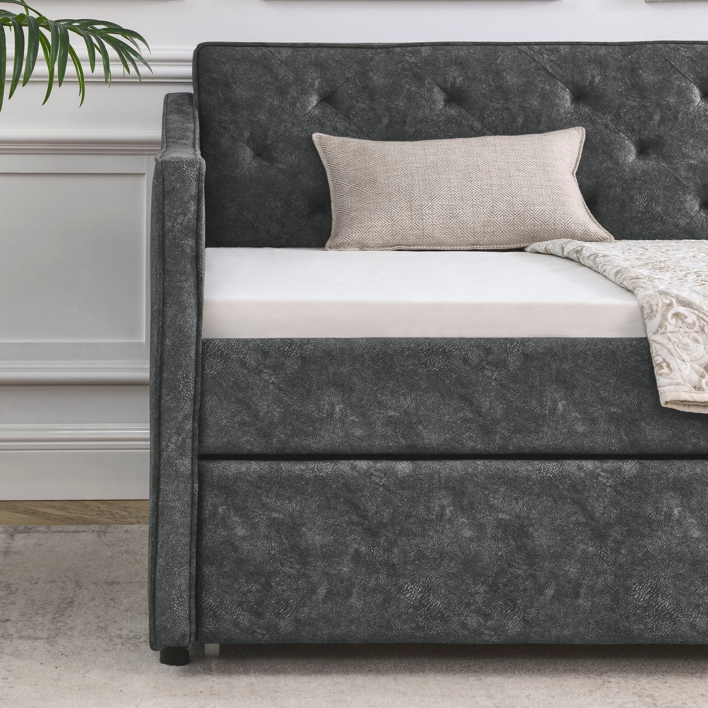 Twin Upholstered Daybed With Trundle, Waved Arms - Gray - The Sleep Loft - Online Mattress Showroom NYC