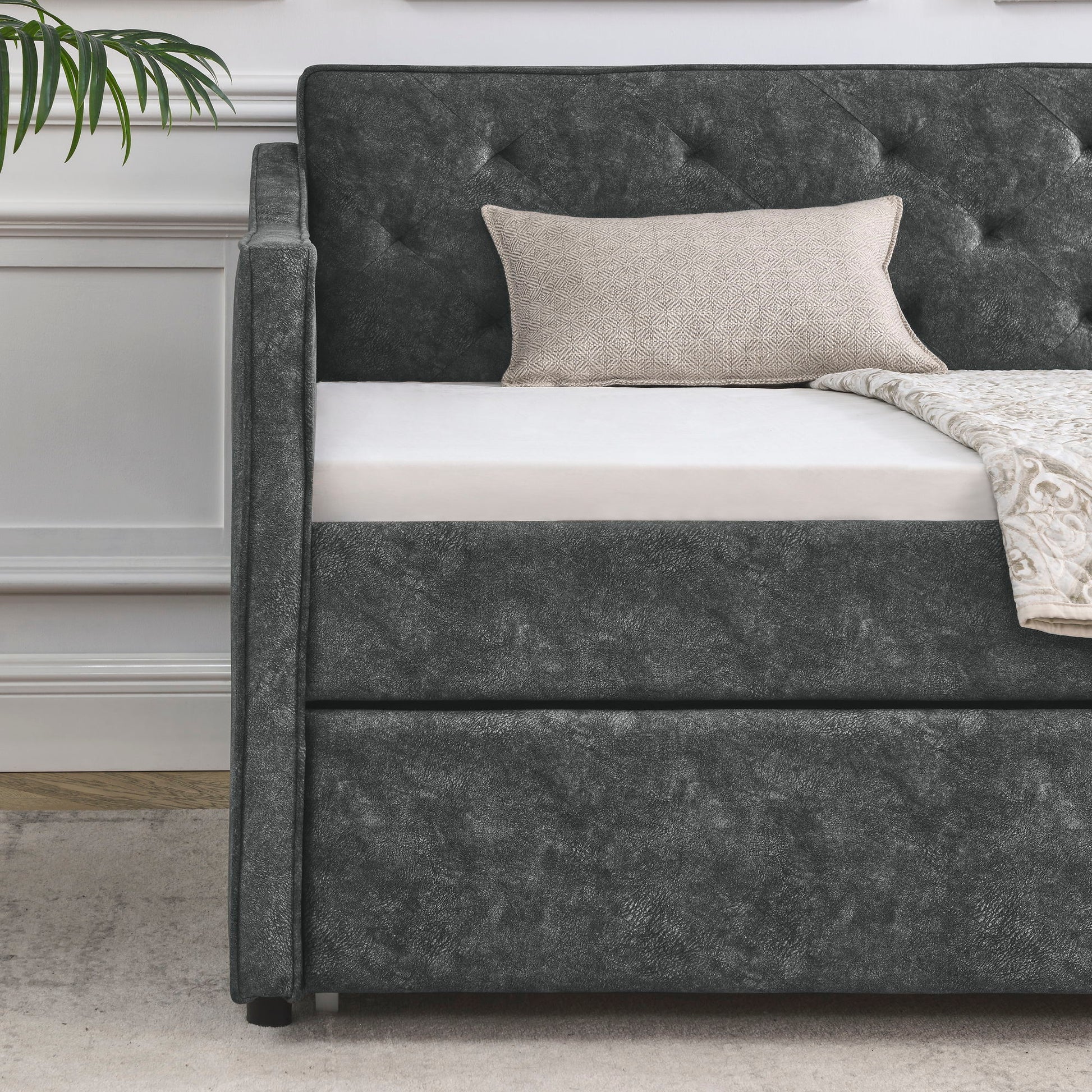 Twin Upholstered Daybed With Trundle, Waved Arms - Gray - The Sleep Loft - Online Mattress Showroom NYC