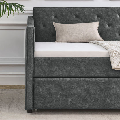 Twin Upholstered Daybed With Trundle, Waved Arms - Gray - The Sleep Loft - Online Mattress Showroom NYC