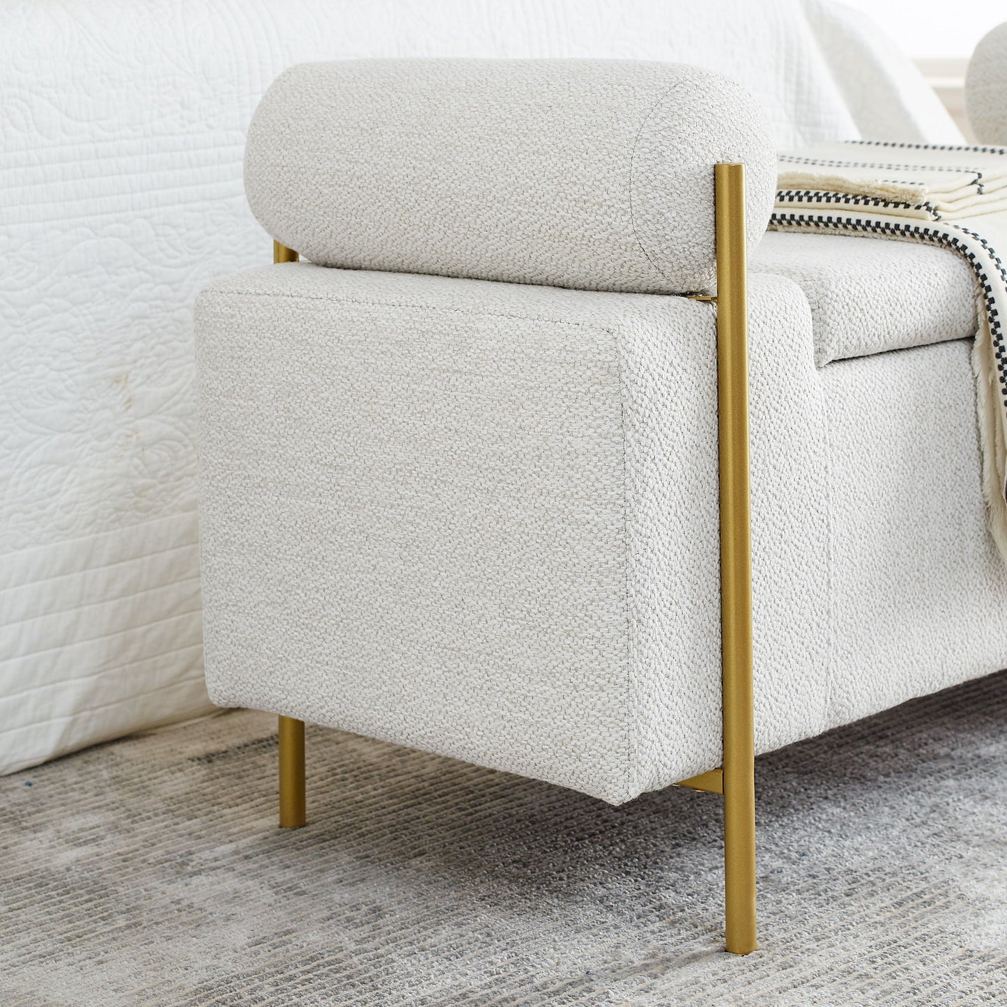 Elegant Upholstered Storage Bench With Cylindrical Arms And Iron Legs, - The Sleep Loft - Online Mattress Showroom NYC