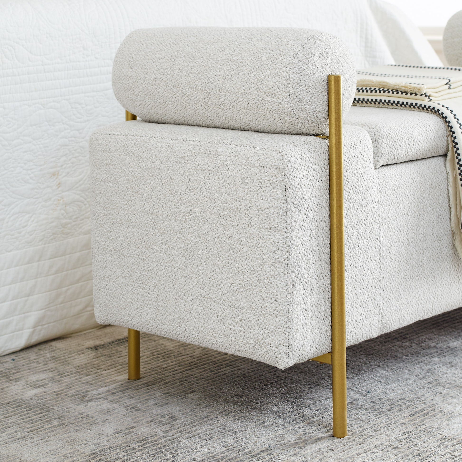Elegant Upholstered Storage Bench With Cylindrical Arms And Iron Legs, - The Sleep Loft - Online Mattress Showroom NYC