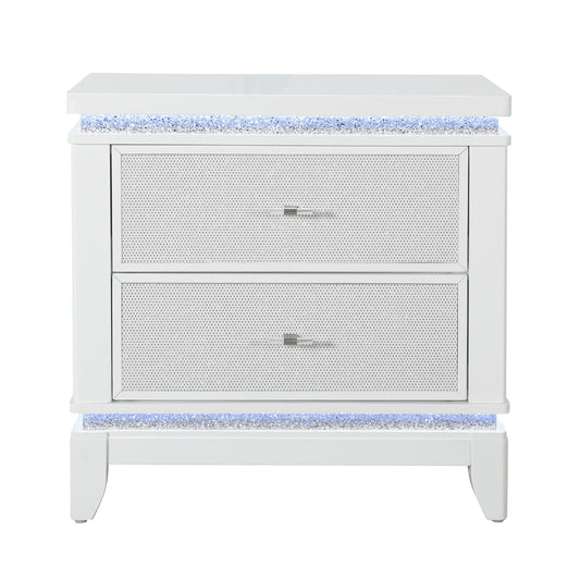 Adalid - Nightstand With Glittered Drawer Front And LED Lighting - White - The Sleep Loft - Online Mattress Showroom NYC