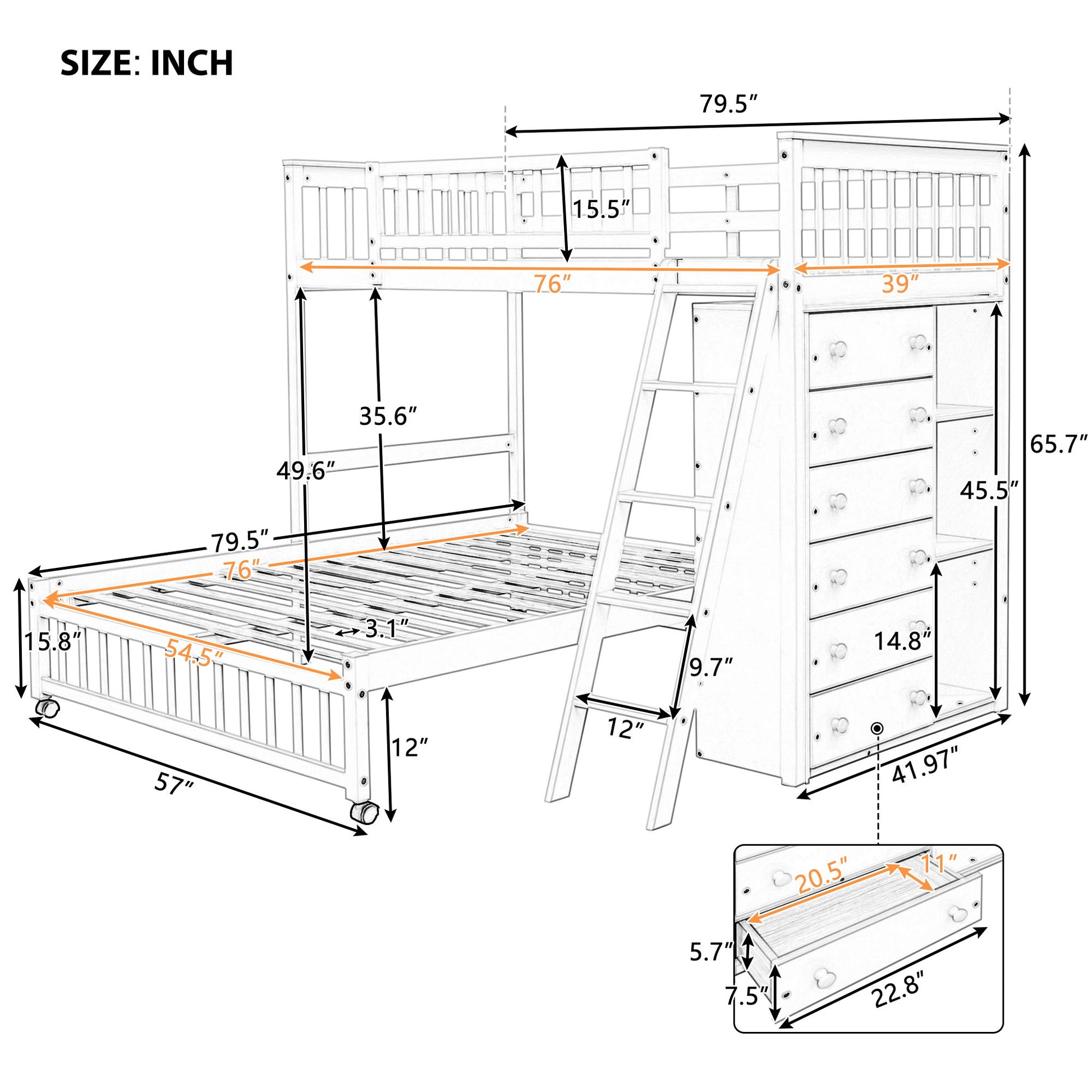 Bunk Bed With 6 Drawers And Flexible Shelves, Bottom Bed With Wheels - The Sleep Loft - Online Mattress Showroom NYC