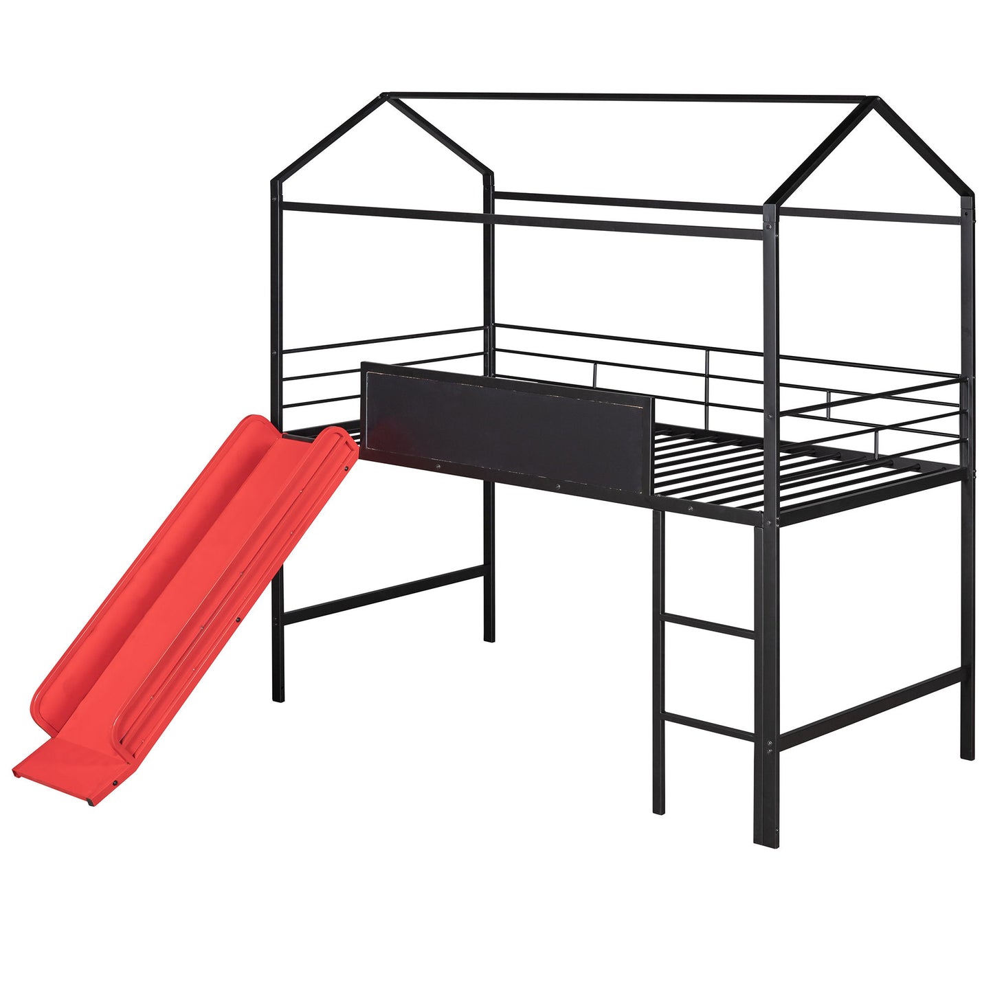 Twin Metal Loft Bed With Slide And 2 Sided Writable Wooden Board - Black - The Sleep Loft - Online Mattress Showroom NYC