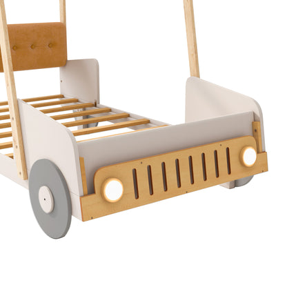 Twin Size Car Bed With Pillow, Ceiling Cloth And LED - Natural - The Sleep Loft - Online Mattress Showroom NYC