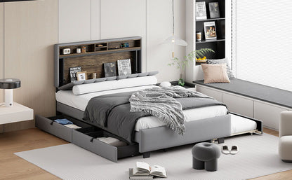 Upholstered Platform Bed With Storage Headboard, Trundle & 2 Drawers And A Set Of Sockets & USB Ports - The Sleep Loft - Online Mattress Showroom NYC
