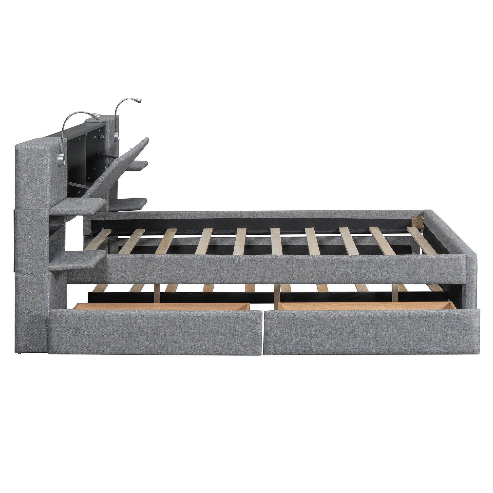 Upholstered Platform Bed With Reading Lights, Drawers, Trundle And Shelves - The Sleep Loft - Online Mattress Showroom NYC
