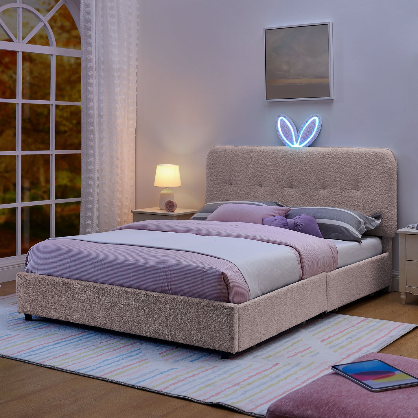 Upholstered Bed With Oversized Rabbit Ear Headboard, LED Lights & 4 Storage Drawers - The Sleep Loft - Online Mattress Showroom NYC