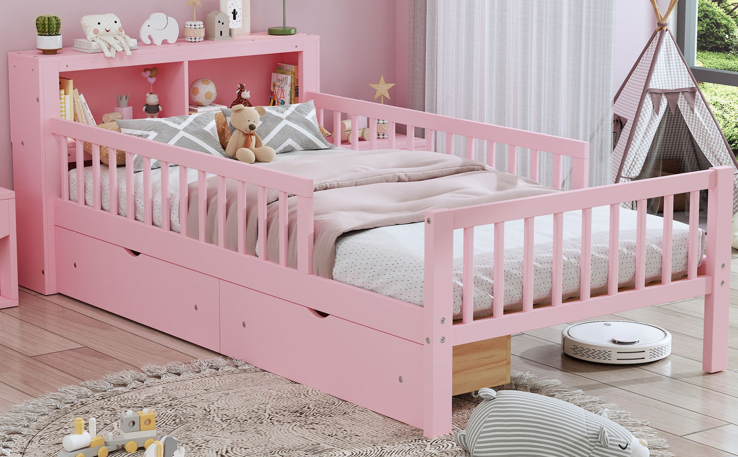 Bed With Headboard Storage Rack, 2 Under Bed Drawers, 3 Side Guardrails For Safety - The Sleep Loft - Online Mattress Showroom NYC