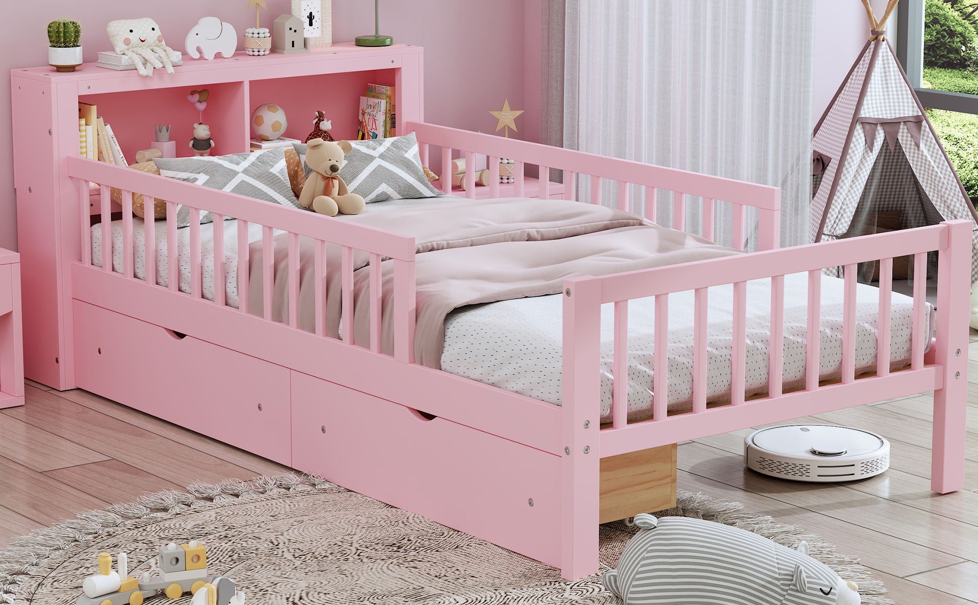 Bed With Headboard Storage Rack, 2 Under Bed Drawers, 3 Side Guardrails For Safety - The Sleep Loft - Online Mattress Showroom NYC