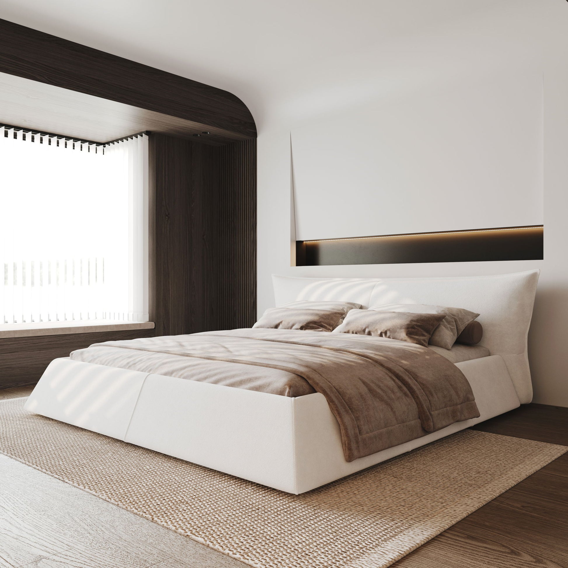 Upholstered Platform Bed With Special Shaped Headboard - The Sleep Loft - Online Mattress Showroom NYC