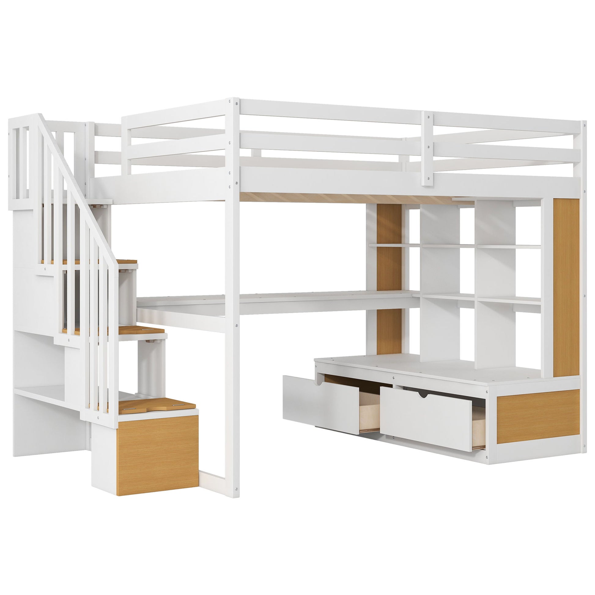 Full Size Loft Bed With Desk And Shelves, 2 Built In Drawers, Storage Staircase - Natural / White - The Sleep Loft - Online Mattress Showroom NYC