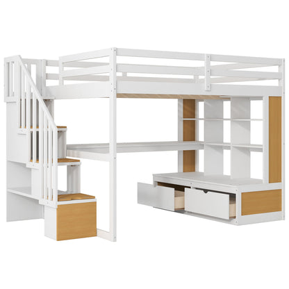 Full Size Loft Bed With Desk And Shelves, 2 Built In Drawers, Storage Staircase - Natural / White - The Sleep Loft - Online Mattress Showroom NYC