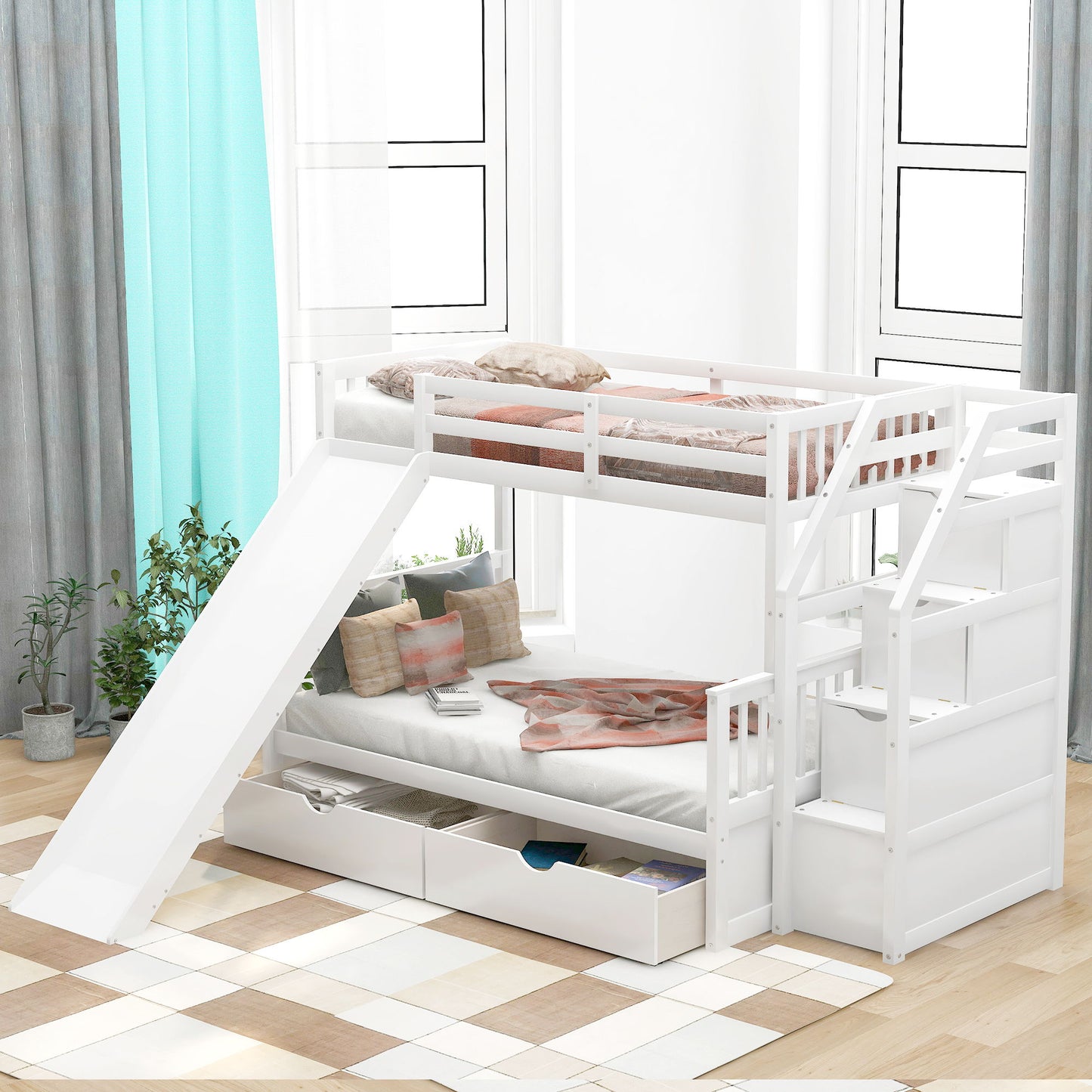 Bunk Bed With Storage Staircase, Slide, Desk, Drawers, And Shelves - The Sleep Loft - Online Mattress Showroom NYC