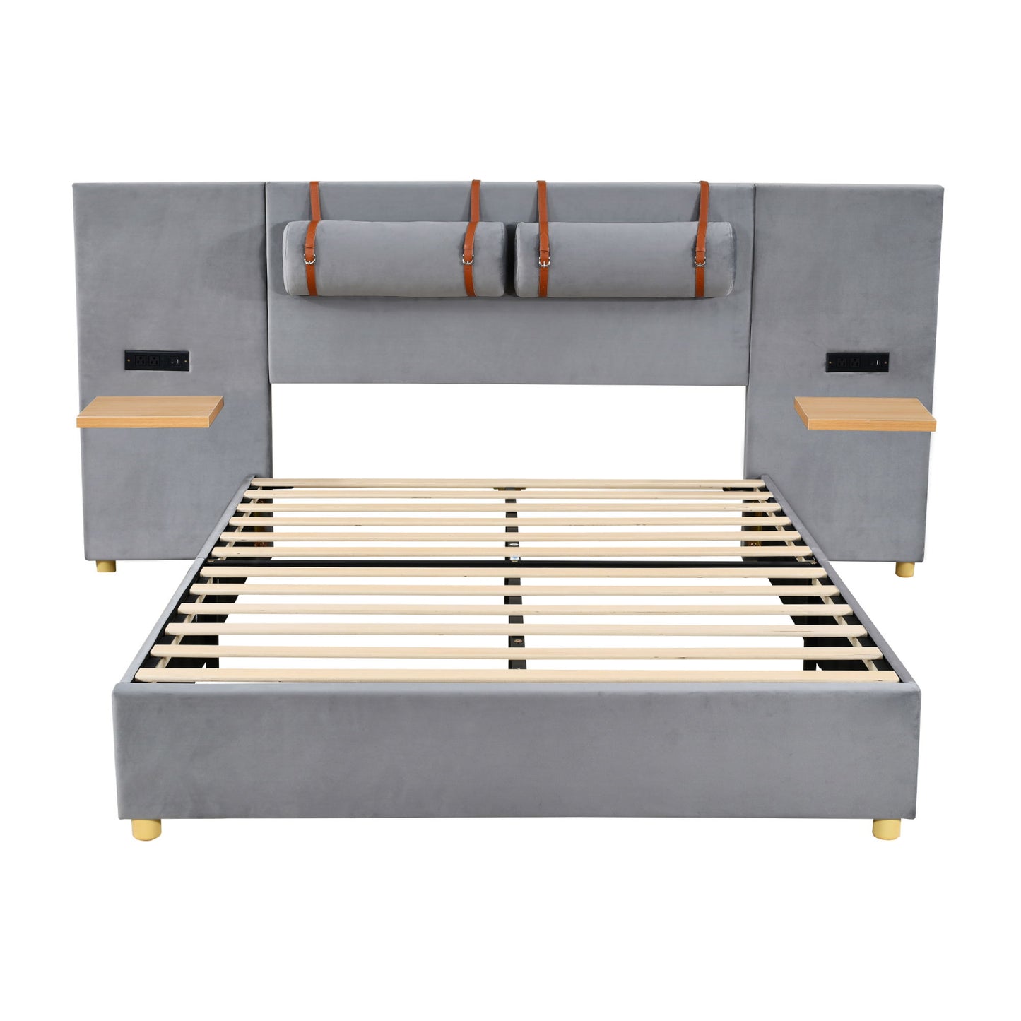 Upholstered Platform Bed, 2 Outlets And USB Charging Ports On Both Sides, 2 Bedside Pillows, Storage Shelves - The Sleep Loft - Online Mattress Showroom NYC