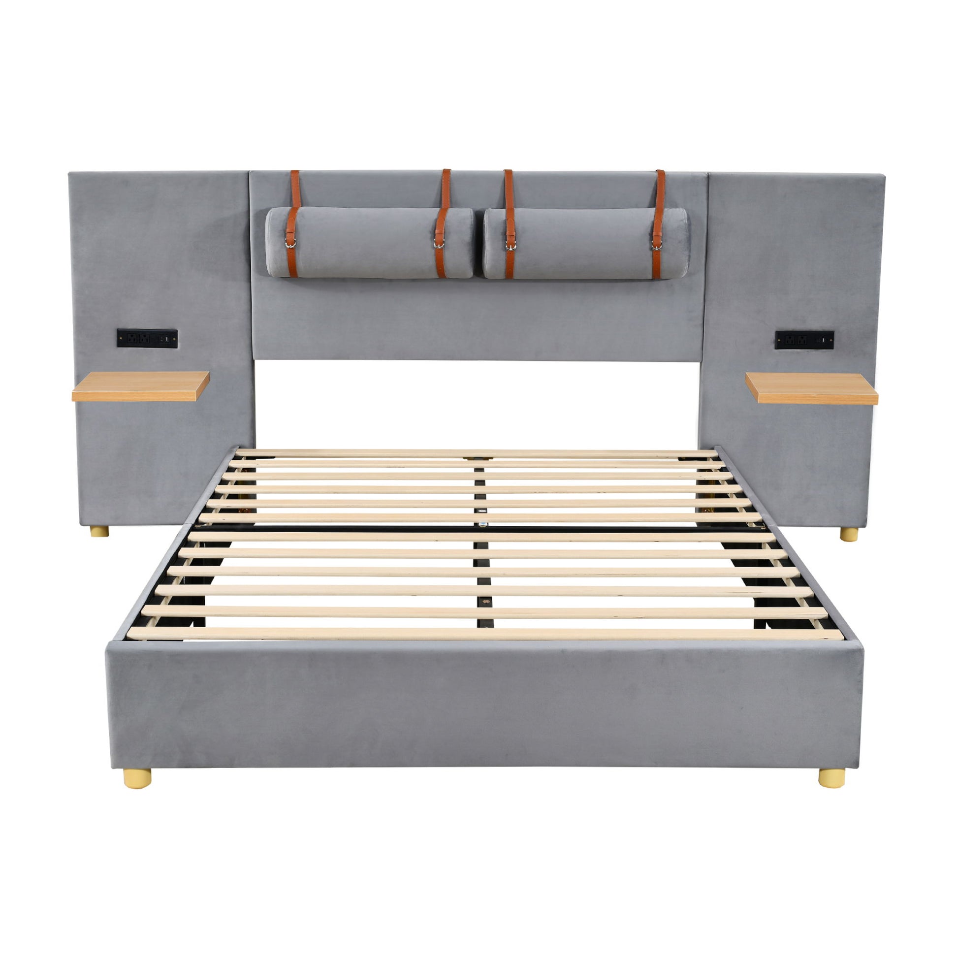 Upholstered Platform Bed, 2 Outlets And USB Charging Ports On Both Sides, 2 Bedside Pillows, Storage Shelves - The Sleep Loft - Online Mattress Showroom NYC