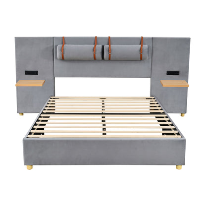 Upholstered Platform Bed, 2 Outlets And USB Charging Ports On Both Sides, 2 Bedside Pillows, Storage Shelves - The Sleep Loft - Online Mattress Showroom NYC