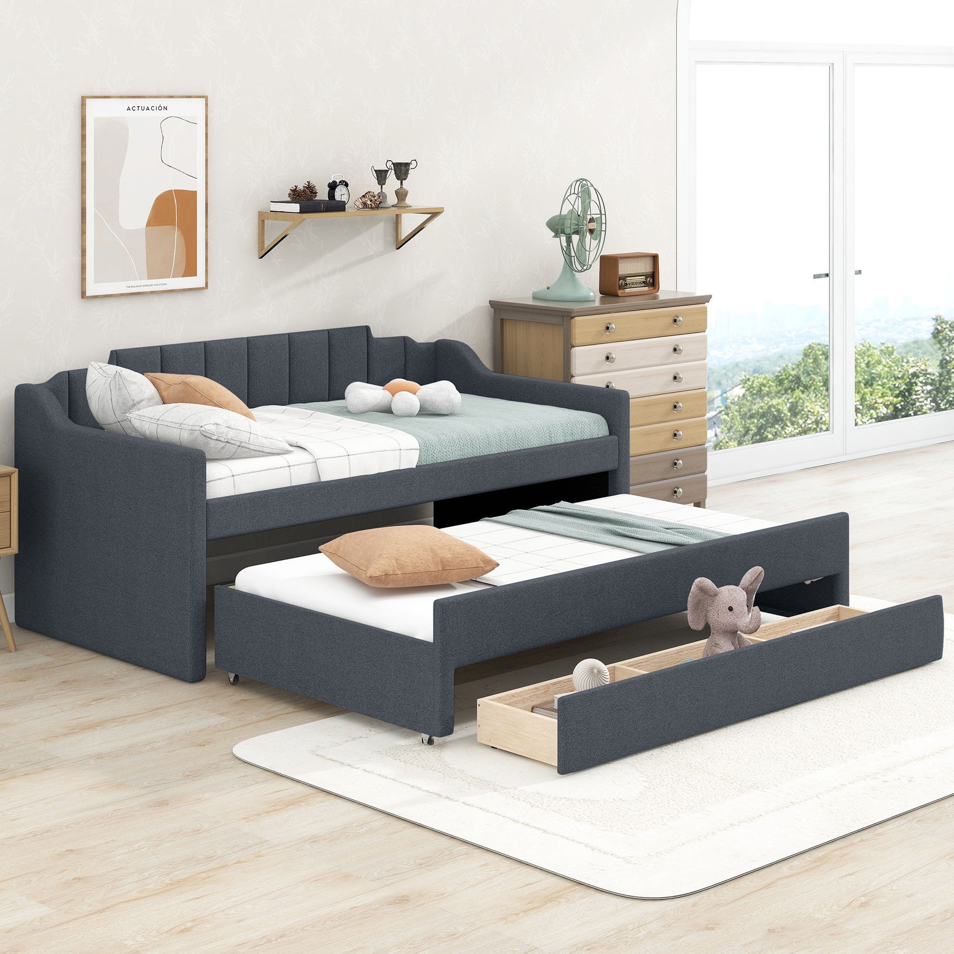 Upholstered Simple Design Daybed With Trundle And 3 Drawers - The Sleep Loft - Online Mattress Showroom NYC