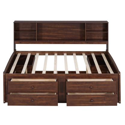 Full Size Captain Bed With Built In Storage Shelves, 4 Drawers And 2 Cabinets - Antique Brown - The Sleep Loft - Online Mattress Showroom NYC