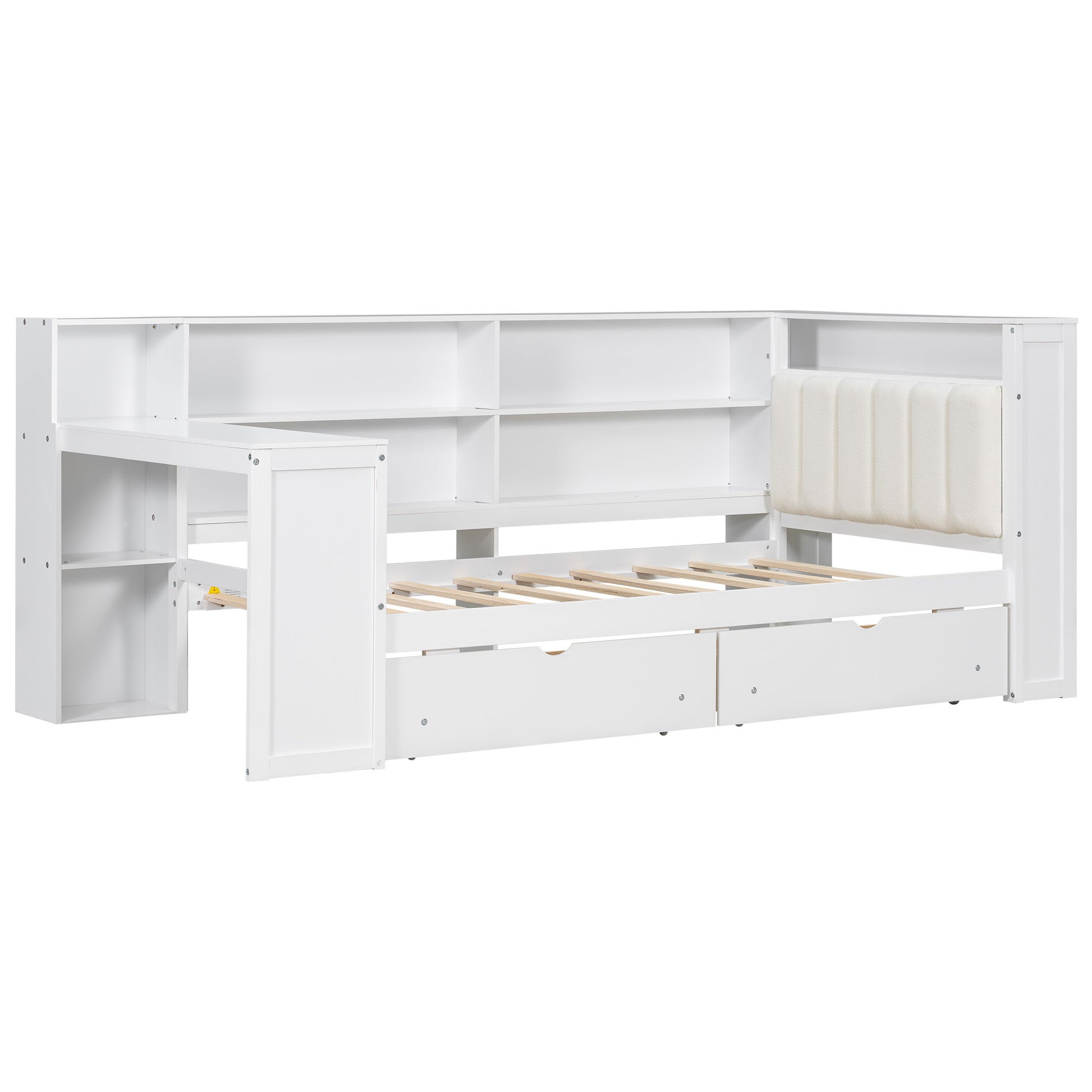 Platform Bed With Upholstered Headboard, Storage Shelves, Drawers, Charging Station, LED Lighting, Built In Desk - The Sleep Loft - Online Mattress Showroom NYC