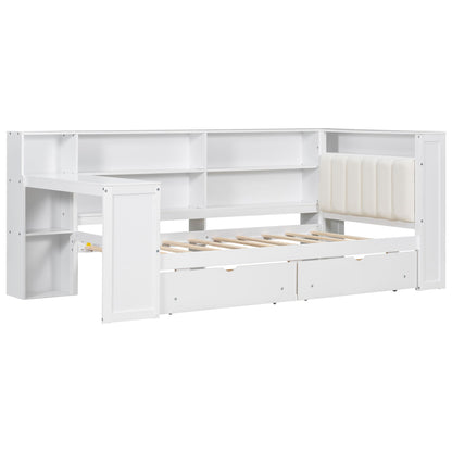 Platform Bed With Upholstered Headboard, Storage Shelves, Drawers, Charging Station, LED Lighting, Built In Desk - The Sleep Loft - Online Mattress Showroom NYC