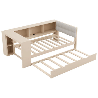 Upholstered Headboard Platform Bed With Storage Shelves, Trundle, Charging Station - The Sleep Loft - Online Mattress Showroom NYC