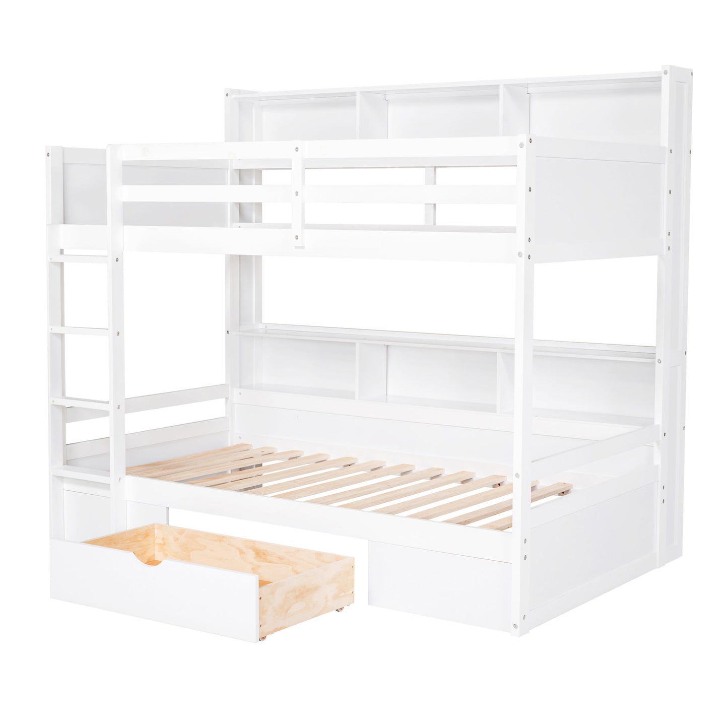 Twin Size Bunk Bed With Built-In Shelves Beside Both Upper And Down Bed And Storage Drawer - The Sleep Loft - Online Mattress Showroom NYC