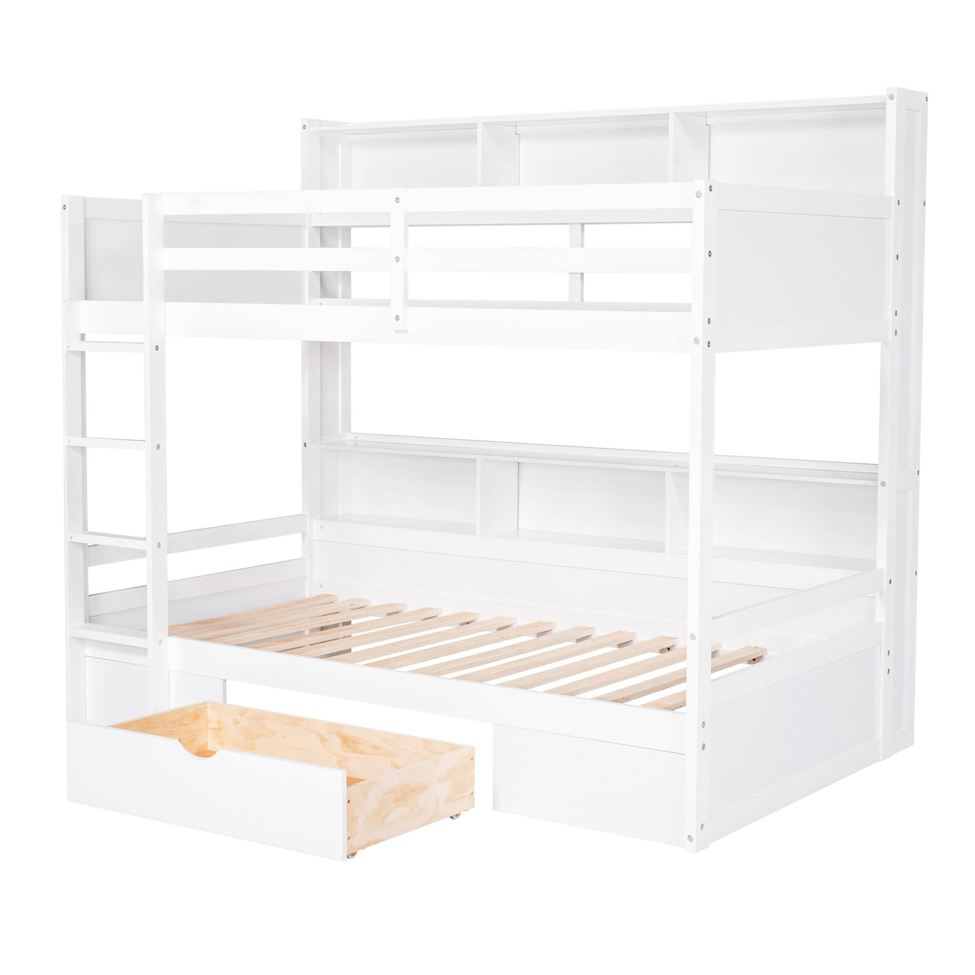 Twin Size Bunk Bed With Built-In Shelves Beside Both Upper And Down Bed And Storage Drawer - The Sleep Loft - Online Mattress Showroom NYC