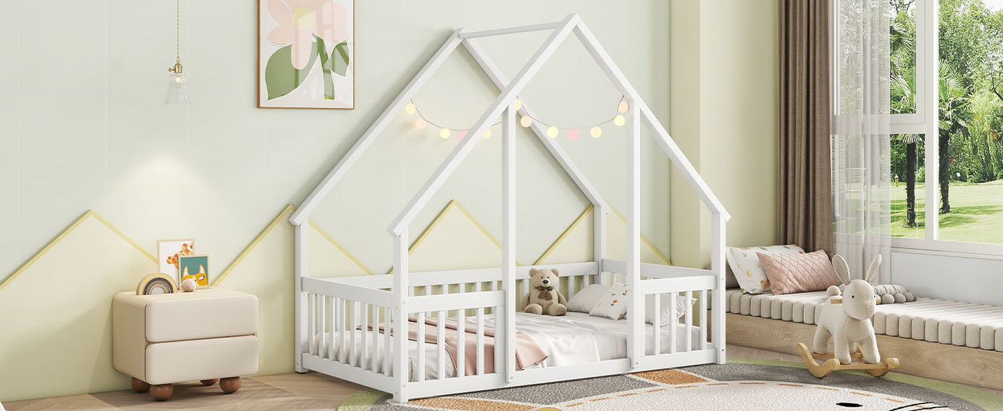 Wood House-Shaped Floor Bed With Fence, Guardrails - The Sleep Loft - Online Mattress Showroom NYC