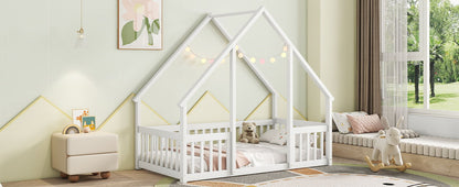 Wood House-Shaped Floor Bed With Fence, Guardrails - The Sleep Loft - Online Mattress Showroom NYC
