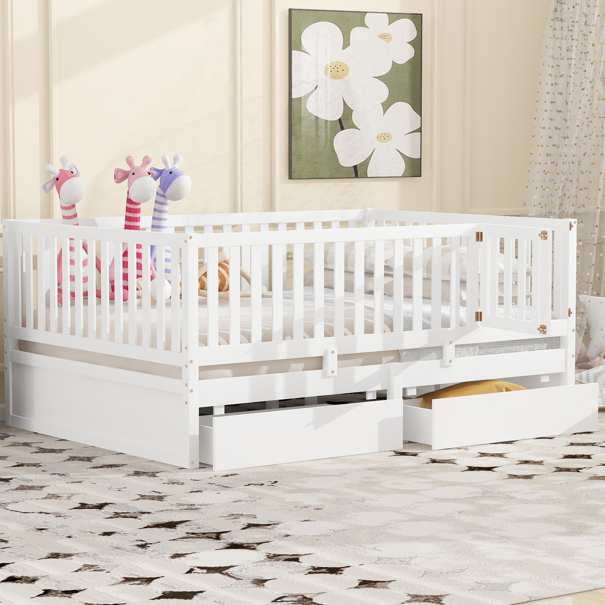 Daybed With Fence Guardrails And 2 Drawers, Split Into Independent Floor Bed & Daybed - The Sleep Loft - Online Mattress Showroom NYC