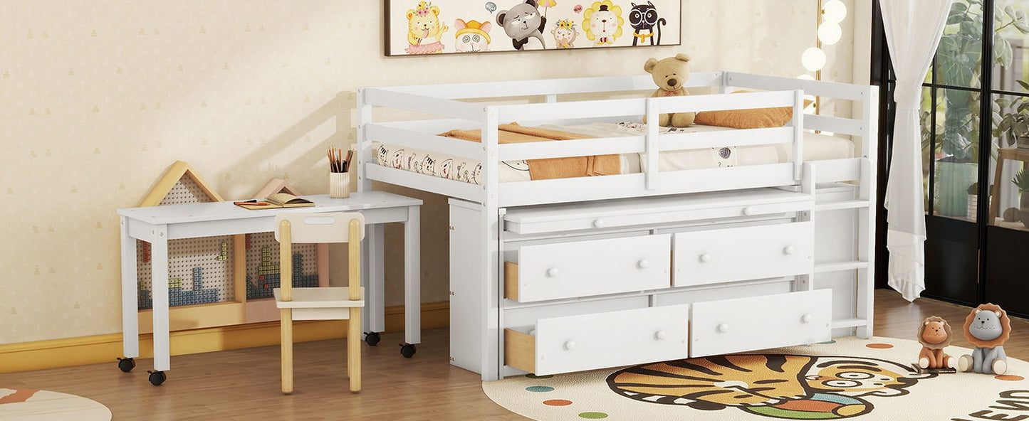 Loft Bed With Retractable Writing Desk And 4 Drawers, With Lateral Portable Desk And Shelves - The Sleep Loft - Online Mattress Showroom NYC