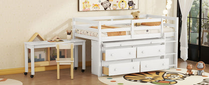 Loft Bed With Retractable Writing Desk And 4 Drawers, With Lateral Portable Desk And Shelves - The Sleep Loft - Online Mattress Showroom NYC
