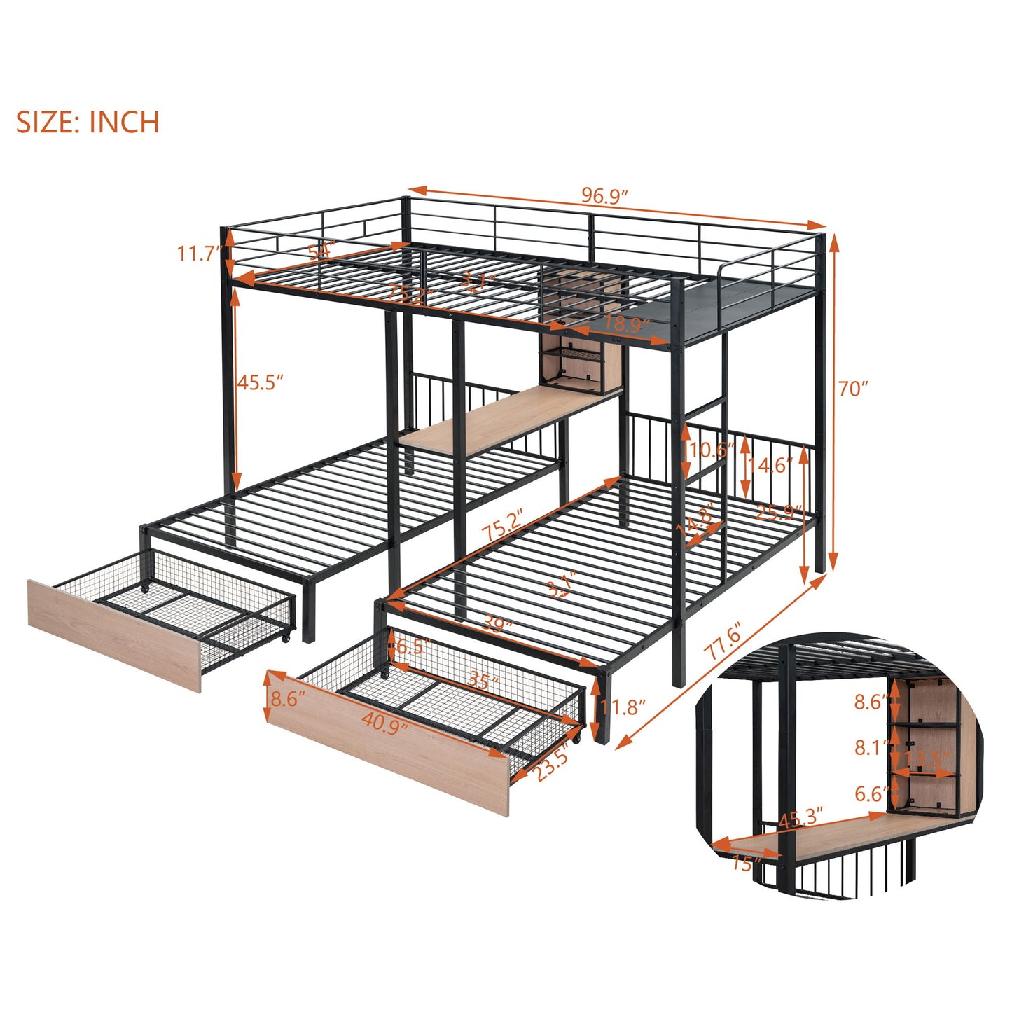 Triple Bunk Bed With Drawers, Multi-Functional Frame With Desks And Shelves In The Middle - The Sleep Loft - Online Mattress Showroom NYC