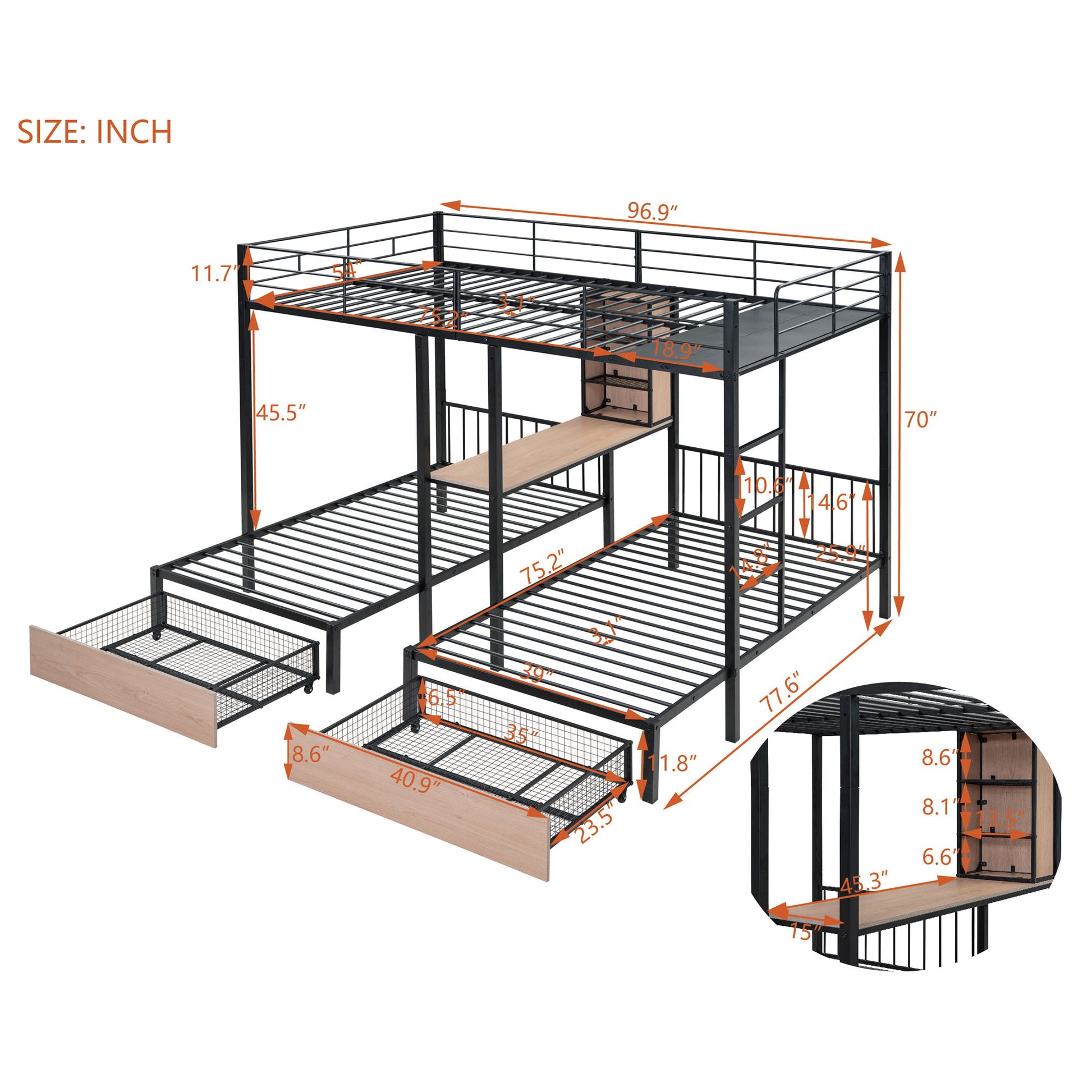 Triple Bunk Bed With Drawers, Multi-Functional Frame With Desks And Shelves In The Middle - The Sleep Loft - Online Mattress Showroom NYC